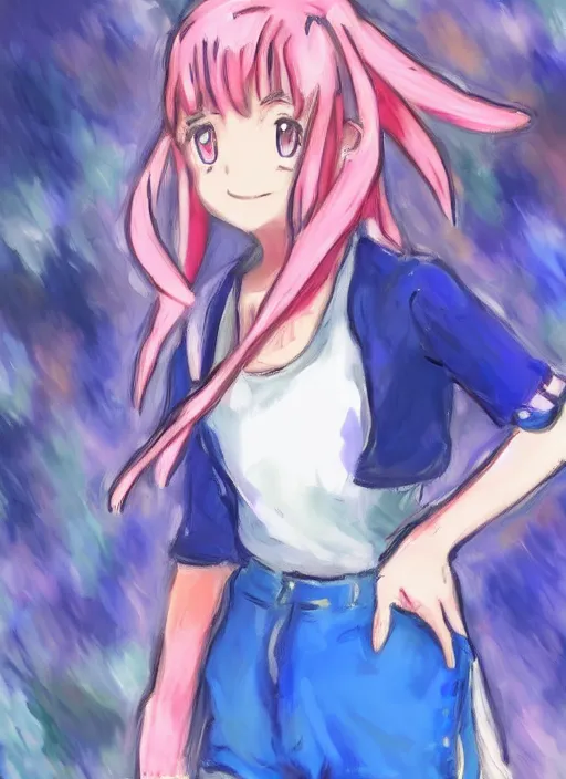 Prompt: a portrait of a female pokemon trainer, blue outfit, very anime in impressionist style, anime trending artwork, anime painter studio, by claude monet