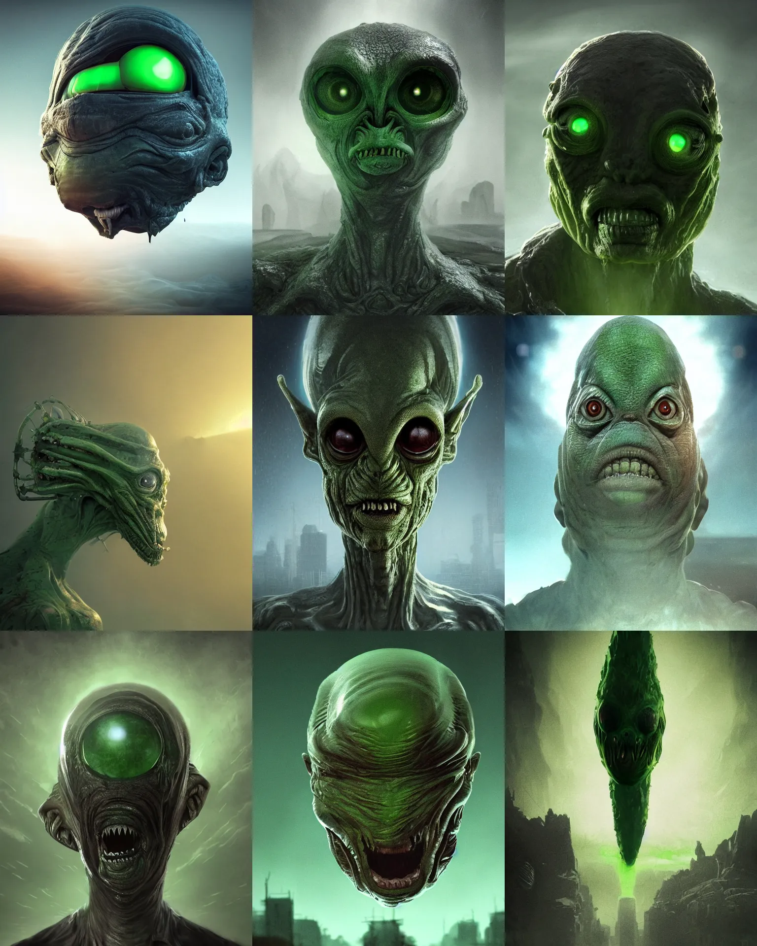 Prompt: grotesque alien with long forehead. green semitransparant cloudy lightly glowing eyes. high quality photorealistic octane render 4 k, hyperrealism, volumetric fog, scary, unnerving, serious, dark, fear, concept art of chris foss, trending on artstation, symmetric, horror, gigantic kaiju looking down worms - eye - view