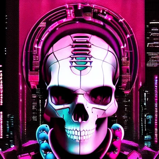 Prompt: cyberpunk skull merged with thousand cherries on the head moebius futuristic hi-tech details loading screen dark colors