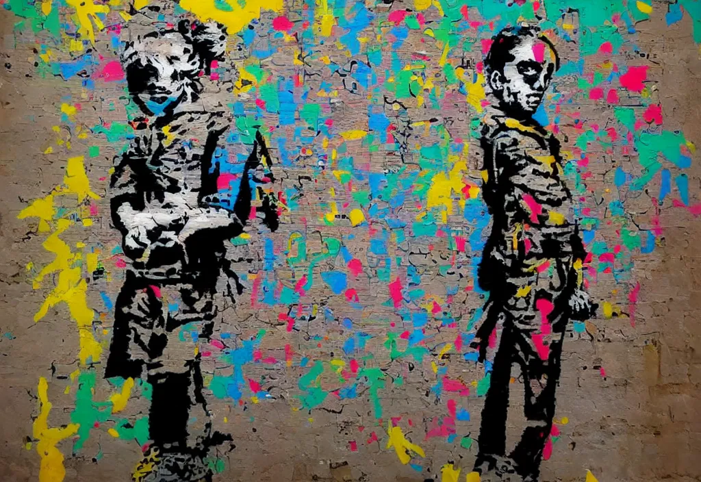 Image similar to full color banksy graffiti with statement of ai art is not art, detailed, realistic, glitch art effect