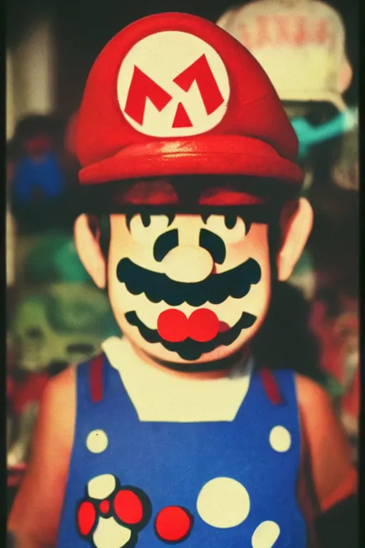 Image similar to 35mm photo of Mario from the video game Mario Bros., wearing a dia de los muertos mask light leaks, kodachrome