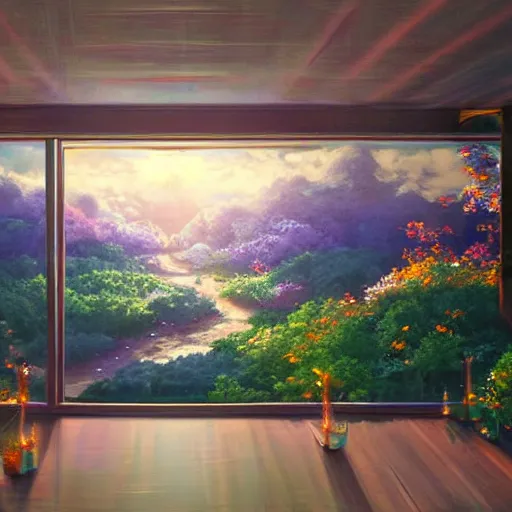 Image similar to a heavenly dream view from the interior of my cozy dream world filled with color from a Makoto Shinkai oil on canvas inspired pixiv dreamy scenery art majestic fantasy scenery fantasy pixiv scenery art inspired by magical fantasy exterior illumination of awe and wonder