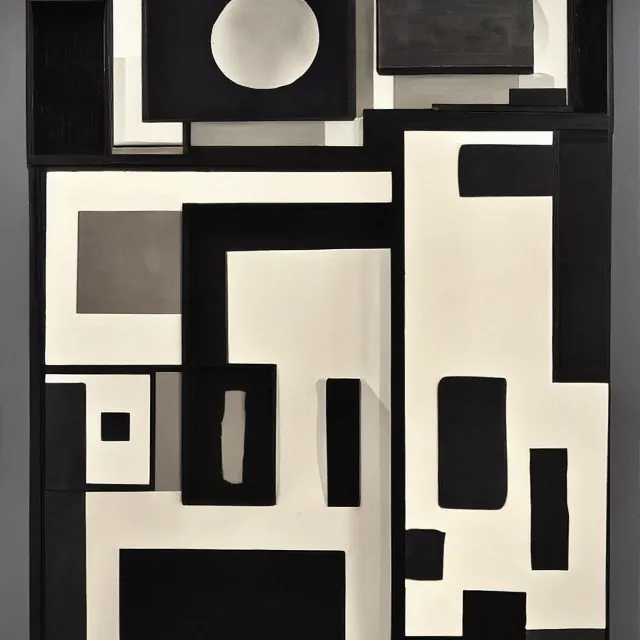 Prompt: louise nevelson assemblage, glossy black, hd
