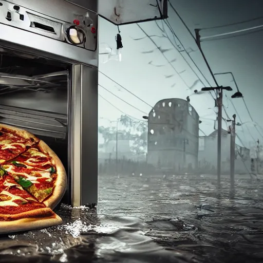 Prompt: a pizza in the dishwasher by simon stalenhag and robbert sammelin and eric persson, 4 k, hd wallpaper, hdr, tonemapping, detailed, atmospheric, majestical lighting, saturated, wet