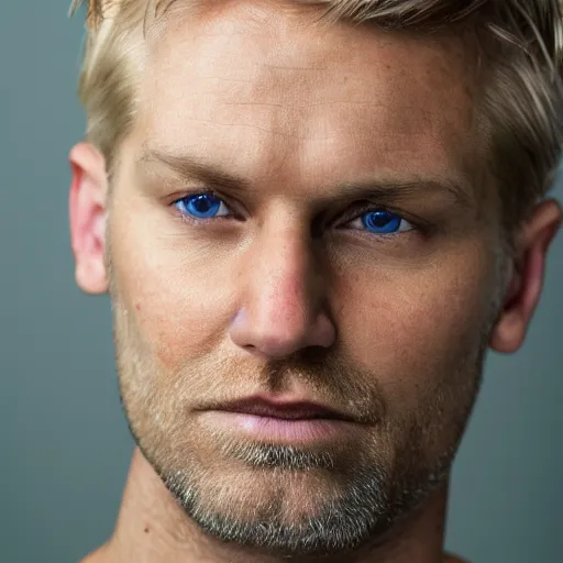 Prompt: close up of face of 4 0 year old anglo slavic blond man with blond stubble, very short wavy blond hair, very dark blue eyes, portrait, 4 k