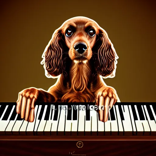 Prompt: a brown spaniel with a white chest , sat down playing a grand piano. surrealism. Artwork adult swim style, no text