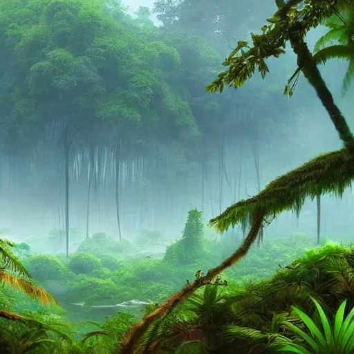 Image similar to A jungle forest in a panoramic view, 8k, cinematic perspective, hazy, Detailed, atmospheric, foggy, rivers, artstation