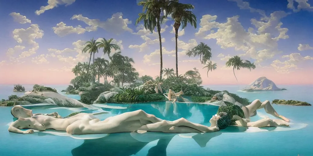 Image similar to masterpiece, hyperrealistic surrealism, award winning masterpiece with incredible details, epic stunning, infinity pool, a surreal vaporwave liminal space, highly detailed, trending on ArtStation, calming, meditative, pink arches, flowing silk sheets, palm trees, very vaporwave, very very surreal, sharp details, dreamscape, artgerm and greg rutkowski and alphonse mucha, daily deviation, IAMAG