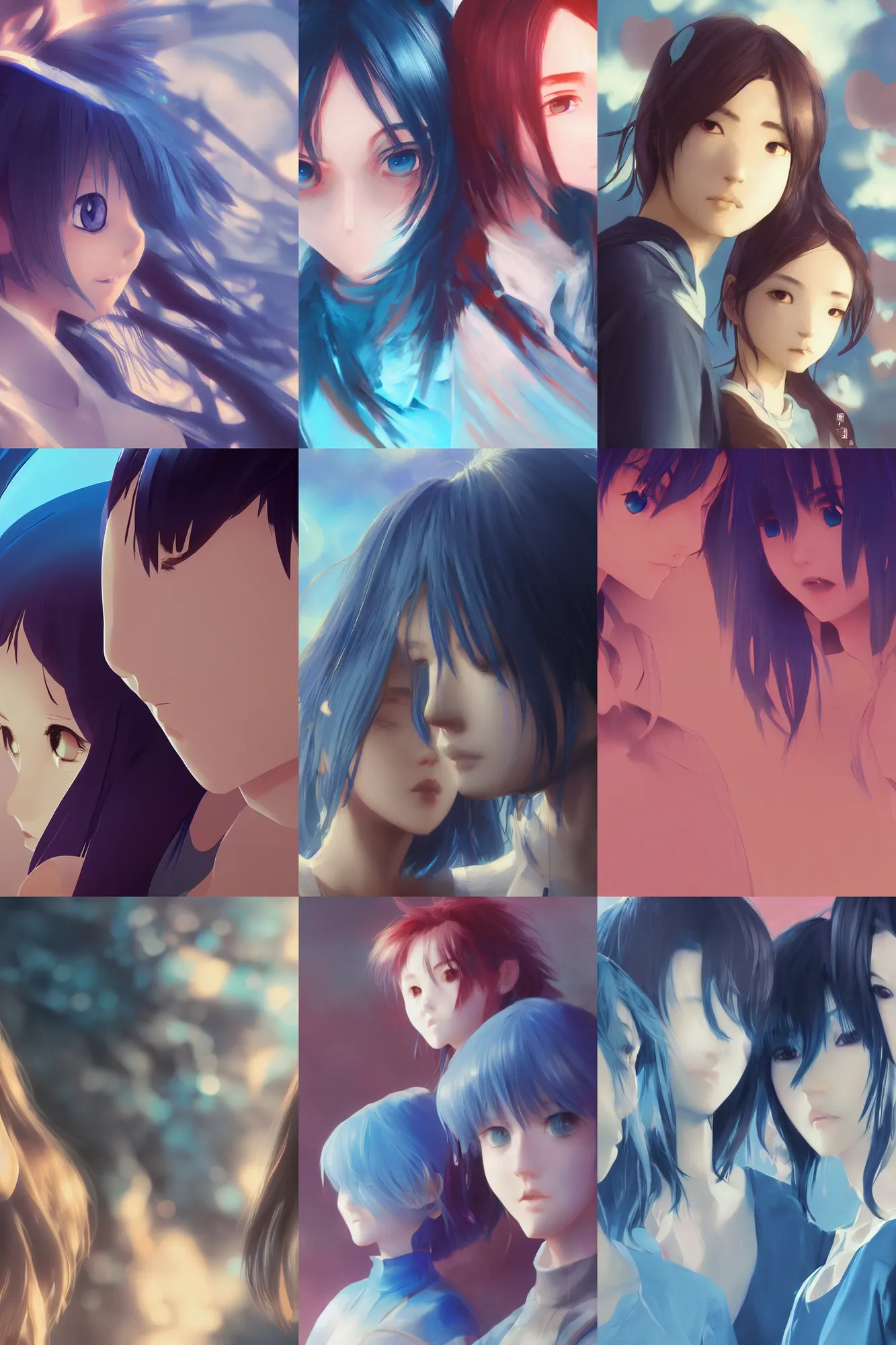 Prompt: artwork by Yoshitomo Nara, azure tones, a Rendering of a cinematic beautiful closeup moment of friends standing facing toward their love, trending on artstation n