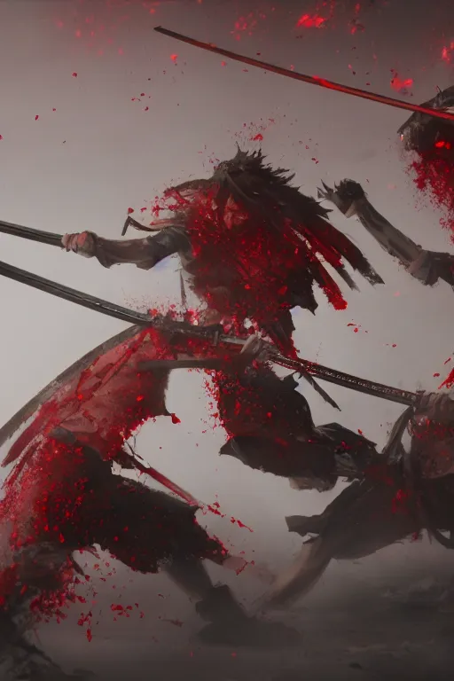 Image similar to a close up shit of the bloodiest samurai battle in history. Two samurai dueling, many dead with Sashimono. Greg rutkowski legendary matte painting.. 4k, particles light,