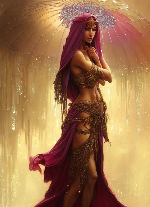 Prompt: an arabian princess standing in the rain crying, shiny, fantasy, intricate, elegant, hyper detailed, ultra definition, photoreal, artstation, unreal engine rendered, concept art, smooth, sharp focus, illustration, art by artgerm and greg rutkowski and alphonse mucha and garis edelweiss