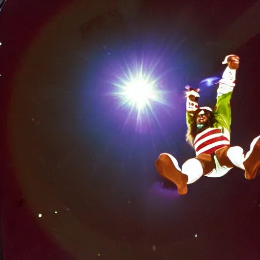 Image similar to Macho Man Randy Savage performing elbow drop from space. Wide angle. Low perspective. High Quality, Sports photography. NASA