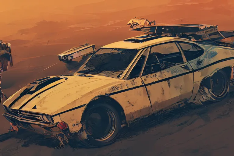 Prompt: digital illustration of mad max's yugo pursuit special, the last v 8 interceptor by makoto shinkai, ilya kuvshinov, lois van baarle, rossdraws, basquiat