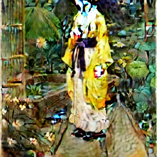 Prompt: photograph of a young woman wearing a yellow kimono in a tropical greenhouse, Carl Larsson, James Gurney, John William Waterhouse, John Singer Sargent, extremely detailed, 4K