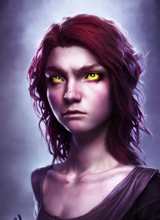 Image similar to an epic fantasy comic book style portrait painting of a girl with short straggly hair, low lethargic insouciance voice with a drawl wearing a ragged dress, unreal 5, daz, hyperrealistic, octane render, cosplay, rpg portrait, dynamic lighting
