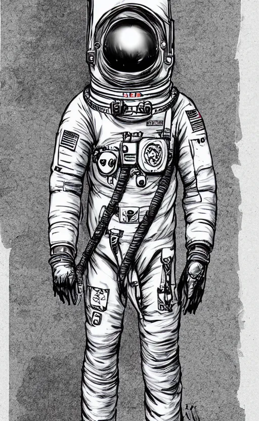 Prompt: concept art, digital art, manga drawing, full body astronaut sketch, illustration in the style of darren bartley, katsuya terada