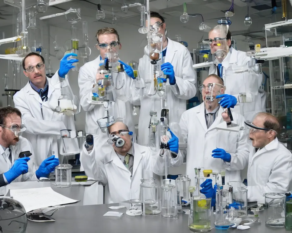 Image similar to reckless!!! whimsical! scientists in a lab inventing, presentation, scattered tables overloaded with doomsday devices and beakers and test tubes