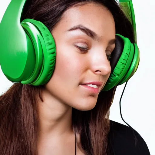 Prompt: a woman wearing headphones and a green shirt, a picture by mac conner, trending on cg society, american barbizon school, studio lighting, high quality, high resolution