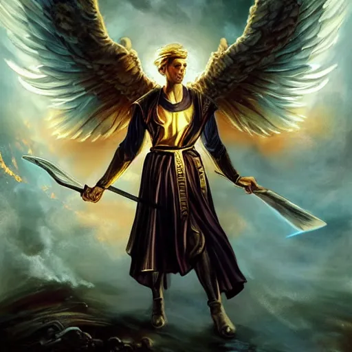 Prompt: biblically accurate angel, epic propaganda poster, holding a flaming sword, strength, health, confidence, in the style of magic the gathering cart art, hypermasculine, ancient soldier, flying in the sky, triumphant pose