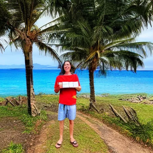 Prompt: a picture of a tourist on a scourched island, holding a flyer for a holiday on the same island, yet with lots of vibrant nature, photorealistic