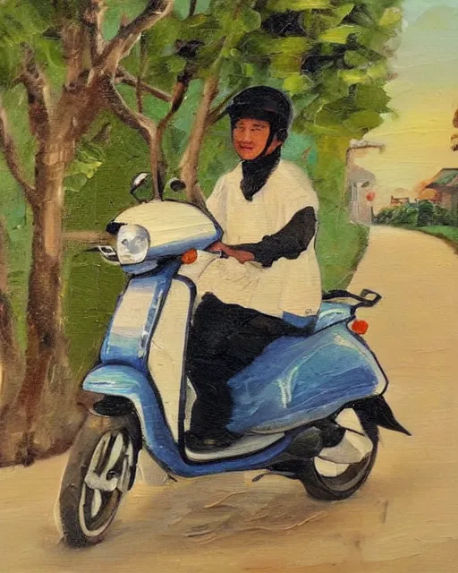 Prompt: asian school boy riding moped, aged oil painting by mai trung thu