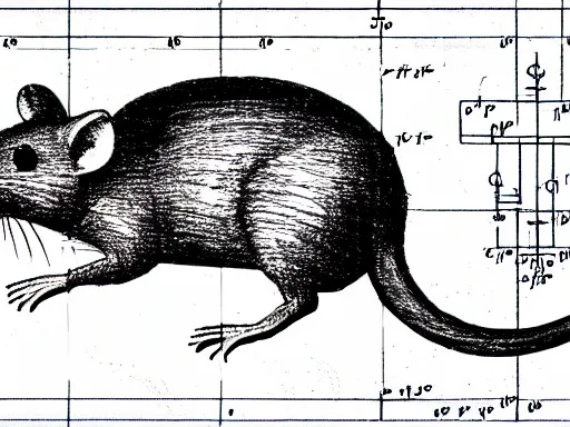 Image similar to blueprint technical drawing of a rat, schematic, sepia, old paper