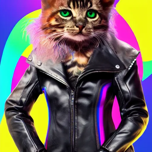 Image similar to wide angle full body, jacket wearing fluffy cute rainbow kitten wearing a black leather motorcycle jacket, riding on a motorcycle, cinematic concept art