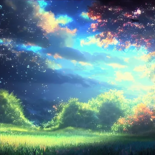 Image similar to a heavenly dream view from the interior of my cozy dream world filled with color from a Makoto Shinkai oil on canvas inspired pixiv dreamy scenery art majestic fantasy scenery fantasy pixiv scenery art inspired by magical fantasy exterior illumination of awe and wonder