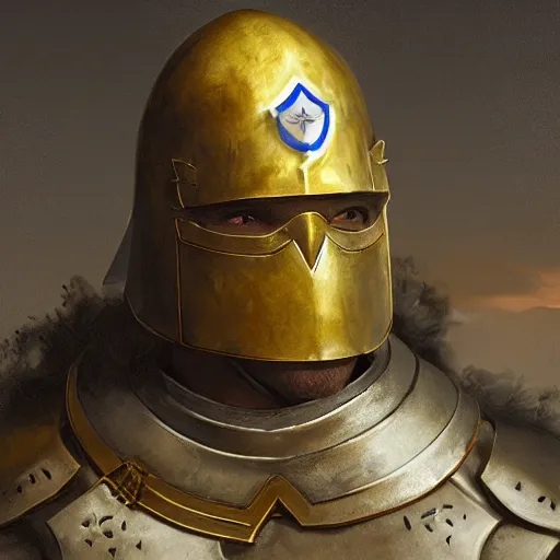 Prompt: man in decorated crusader armor, helmet and white cape with yellow kingdom of jerusalem emblem on it drawn by greg rutkowski realistic high detail