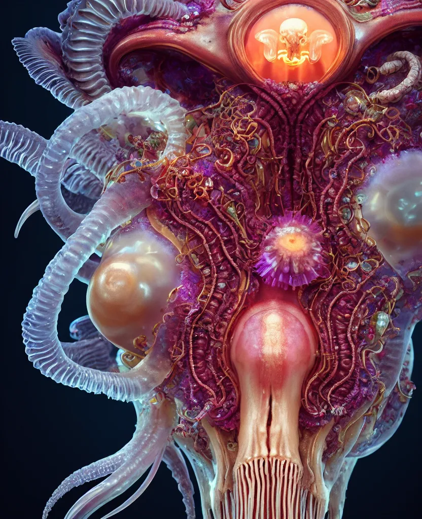 Image similar to goddess close-up portrait ram skull. jellyfish phoenix head, nautilus, orchid, skull, betta fish, bioluminiscent creatures, intricate artwork by Tooth Wu and wlop and beeple. octane render, trending on artstation, greg rutkowski very coherent symmetrical artwork. cinematic, hyper realism, high detail, octane render, 8k