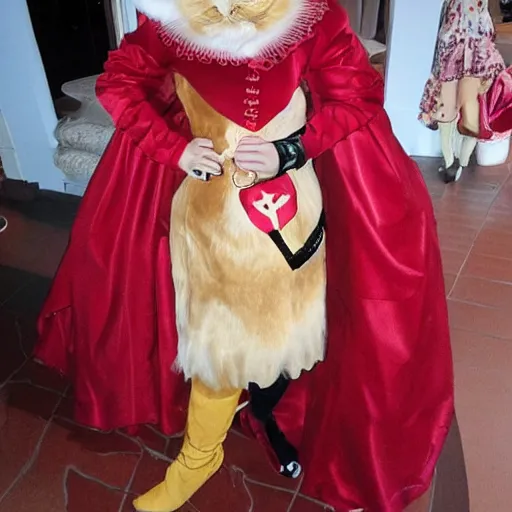 Image similar to a woman cosplaying puss in boots in an opera gown