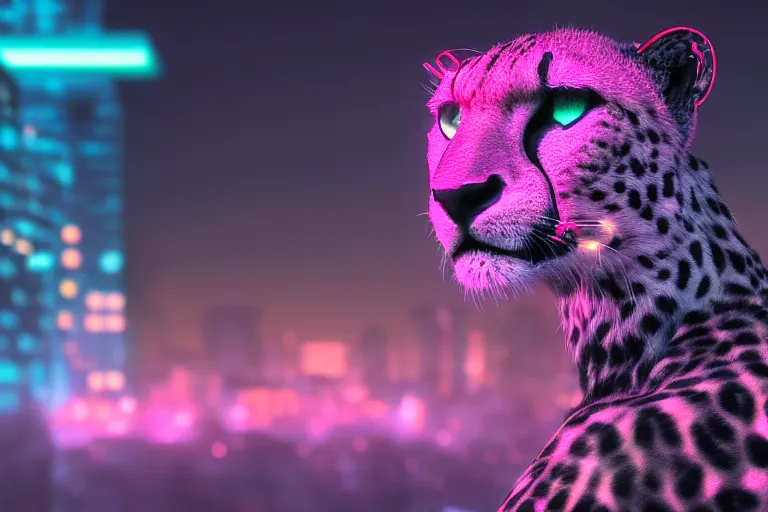 Image similar to closeup profile shot of neon cybernetic cheetah, city lights, strong bokeh, dramatic, cinematic, high contrast, octane render, cgsociety, artstation, 4k