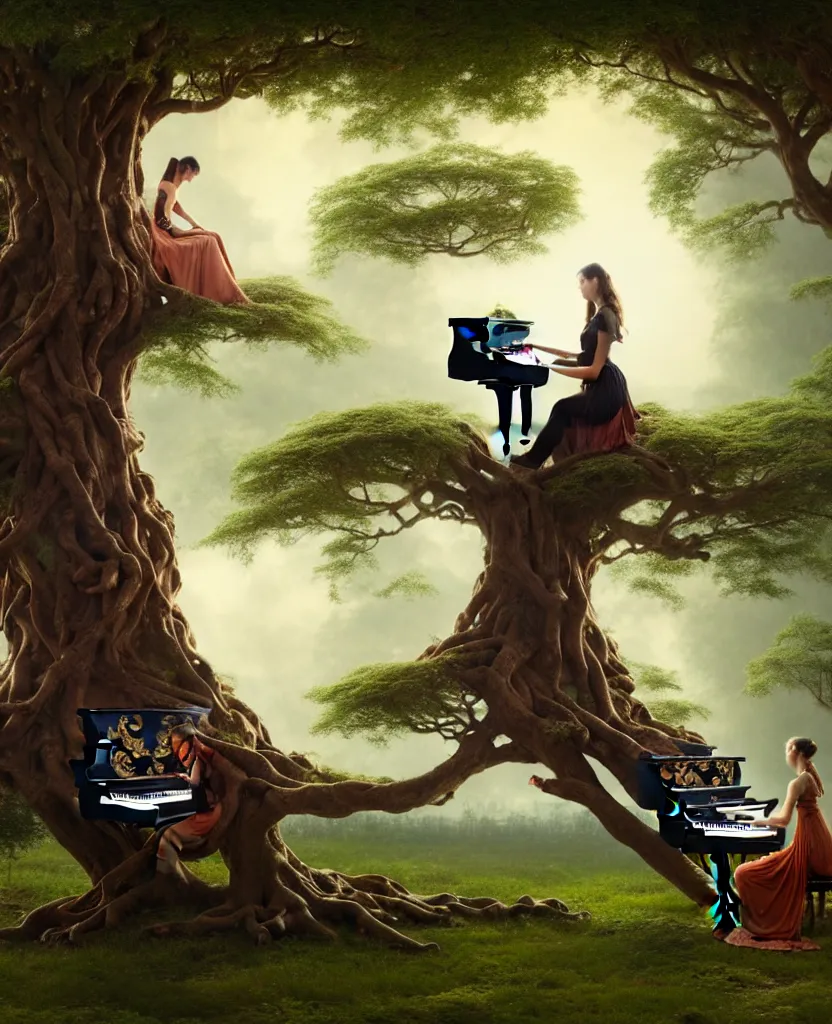 Image similar to woman playing a piano sitting on a giant tree, very detailed, 8k, maximized, ornate, masterpiece, complex, by Greg rutkowski, Alex Gray, surrounded by smoke