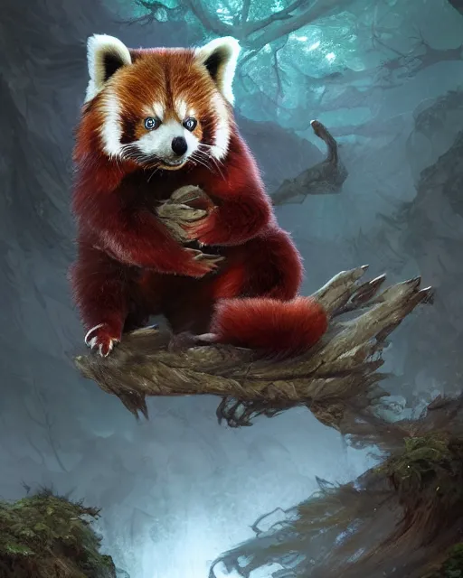 Image similar to Red Panda Shapeshifter Druid Mage, D&D, artstation, fantasy, magic the gathering artwork, cinematic lighting, centered, symmetrical, highly detailed, digital painting, , concept art, smooth, sharp focus, illustration, volumetric lighting, epic Composition, 8k, art by Akihiko Yoshida and Greg Rutkowski and Craig Mullins, oil painting, cgsociety