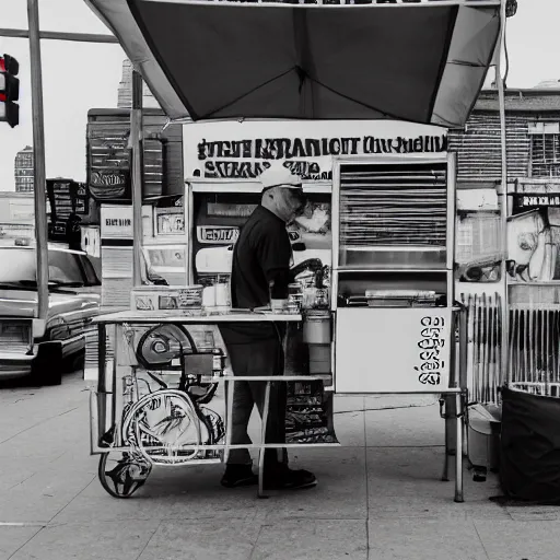 Prompt: portrait of a strange man selling hot dogs, 🌭, eccentric, canon eos r 3, f / 1. 4, iso 2 0 0, 1 / 1 6 0 s, 8 k, raw, unedited, symmetrical balance, wide angle