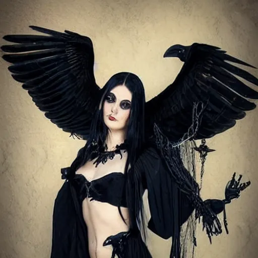 Prompt: beautiful woman with raven wings, gothic, highly detailed, realistic,
