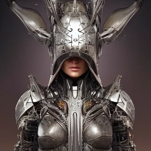 Image similar to mystical evil scifi cyborg android queen wearing a medieval helmet, covered in subsurface wax tendril leaves, volumetric lighting, ultra realistic, concept art, intricate details, serious, highly detailed, realistic, octane render, 8 k, unreal engine, art by todd mcfarlane and artgerm and greg rutkowski and alphonse mucha