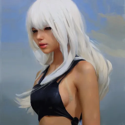 Prompt: greg manchess portrait painting of yorha type b no. 2 in a bikini, white long hair, organic painting, sunny day, matte painting, bold shapes, hard edges, street art, trending on artstation, by huang guangjian and gil elvgren and sachin teng
