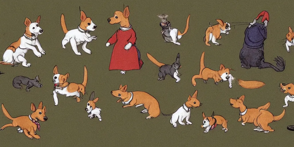 Image similar to jack russel dog, idle animation, sprite sheet illustrated by peggy fortnum and beatrix potter and sir john tenniel