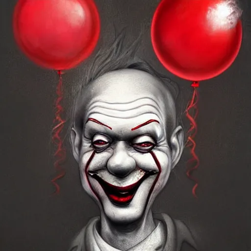 Prompt: surrealism grunge cartoon portrait sketch of a king with a wide smile and a red balloon by - michael karcz, loony toons style, pennywise style, horror theme, detailed, elegant, intricate