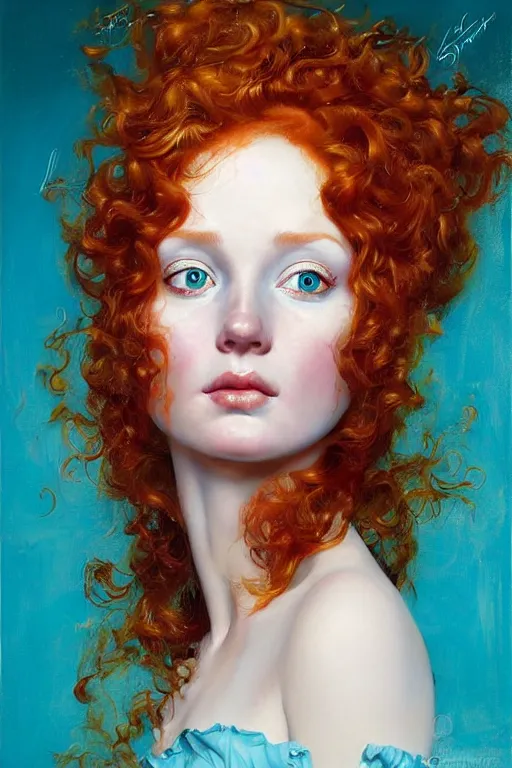 Image similar to hyper realistic painting portrait of a redhead girl with flowing curls and closed eyes, her skin is painted in gold paint and turquoise background, hyper detailed face by stjepan sejic, norman rockwell, michael hussar, roberto ferri and ruan jia