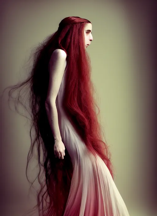 Prompt: portrait photography of a beautiful woman, in fine art photography style of Lindsay Adler- Giovanni Gastel, brit marling style 2/4 , natural color skin pointed in rose, long red hair with an intricate hairstyle, full body dressed with a ethereal transparent voile dress, elegrant, 8K, soft focus, melanchonic soft light, volumetric dramatic lighting, highly detailed Realistic, hyper Refined, Highly Detailed, natural point rose', outdoor sea and storm soft lighting, soft dramatic lighting colors scheme, soft blur lighting, fine art fashion photography