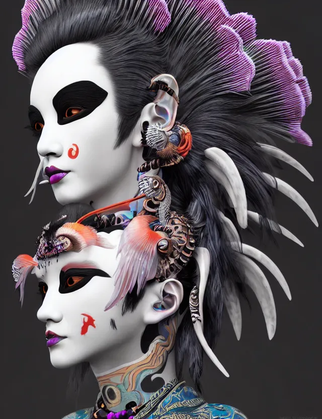 Image similar to 3 d goddess close - up profile portrait punk with mohawk with ram skull. beautiful intricately detailed japanese crow kitsune mask and clasical japanese kimono. betta fish, jellyfish phoenix, bio luminescent, plasma, ice, water, wind, creature, artwork by tooth wu and wlop and beeple and greg rutkowski