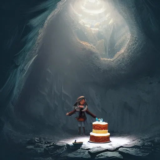 Prompt: an adventurer finding a big cake in a dark mysterious cave, digital art, highly-detailed, artstation cgsociety