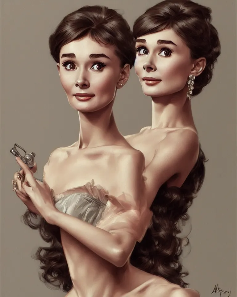 Image similar to portrait of a young audrey hepburn, upper bust, seductive eyes, long hair, joyful smirk, intricate, elegant, highly detailed, digital painting, artstation, concept art, matte, sharp focus, illustration, art by artgerm and greg rutkowski and alphonse mucha