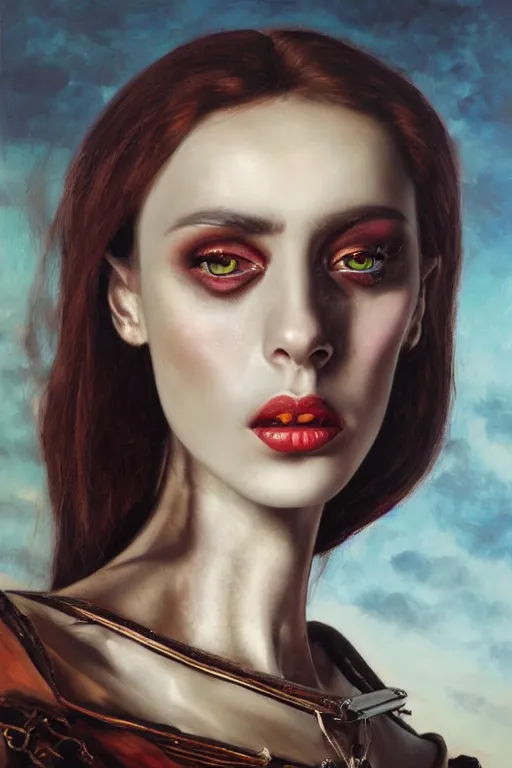 Image similar to hyperrealism oil painting, close - up portrait of european medieval brunette vampire fashion model, knight, steel gradient mixed with nebula sky, in style of baroque