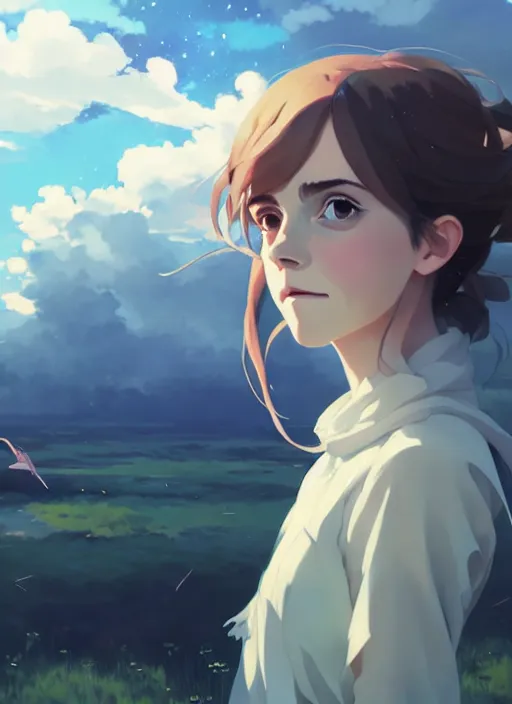 Image similar to portrait of a emma watson, cloudy sky background lush landscape illustration concept art anime key visual trending pixiv fanbox by wlop and greg rutkowski and makoto shinkai and studio ghibli