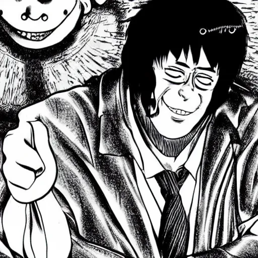 Prompt: manga illustration of danny devito by junji ito, uzumaki, horror