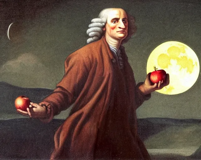 Image similar to isaac newton holding an apple in his hands and looking at the moon