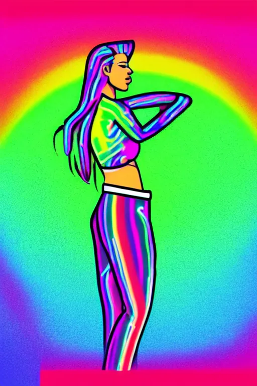 Prompt: a award winning half body portrait of a beautiful woman with stunning eyes in a croptop and cargo pants with rainbow colored hair, routlined by whirling illuminated neon lines, fine rainbow colored lines swirling in circles, outrun, vaporware, shaded flat illustration, halftone